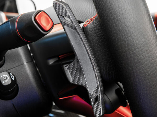 BRABUS Carbon Fiber Shifter Paddles for AMG Steering Wheel, featuring a glossy finish and fine leather insert.