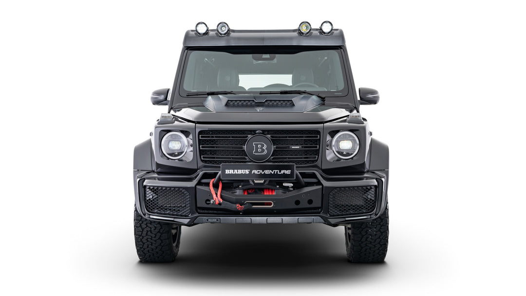 Luxury BRABUS Adventure Package with matte or glossy carbon finish, designed for off-road enhancements on Mercedes G-Class models. front view 