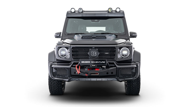 Luxury BRABUS Adventure Package with matte or glossy carbon finish, designed for off-road enhancements on Mercedes G-Class models. front view 