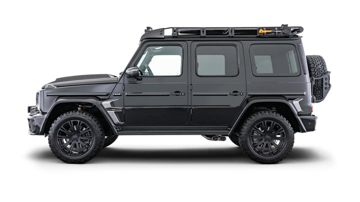 BRABUS Adventure Package for Mercedes G-Class W463A, featuring carbon fiber options, roof rack, LED wind deflector, rope winch, and lift kit. side view 
