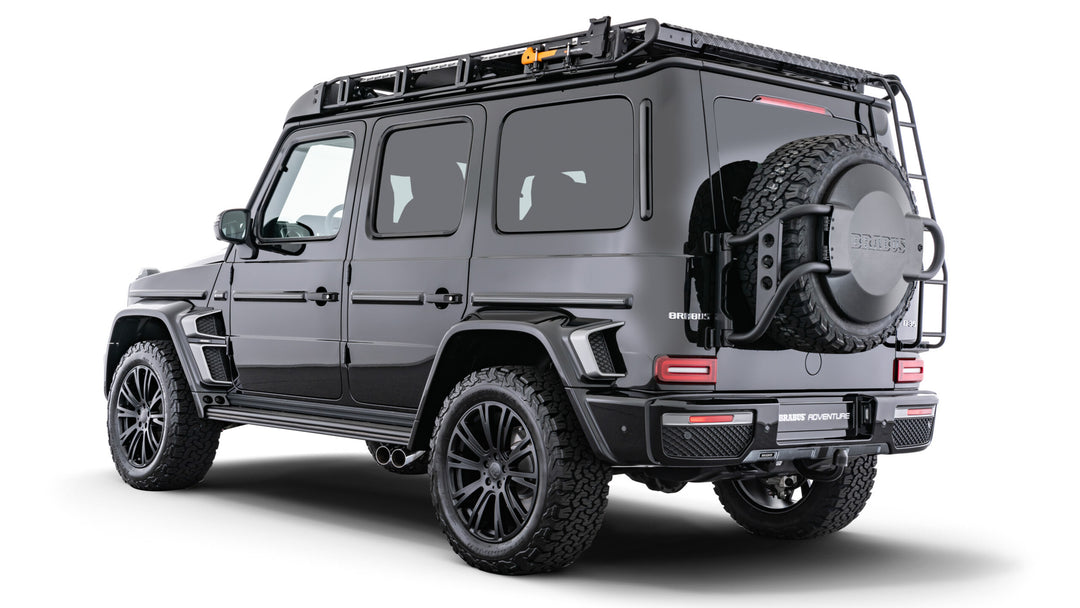 BRABUS Axe Holder mounted on a roof rack, securely holding a Fiskars Universal Axe 44.