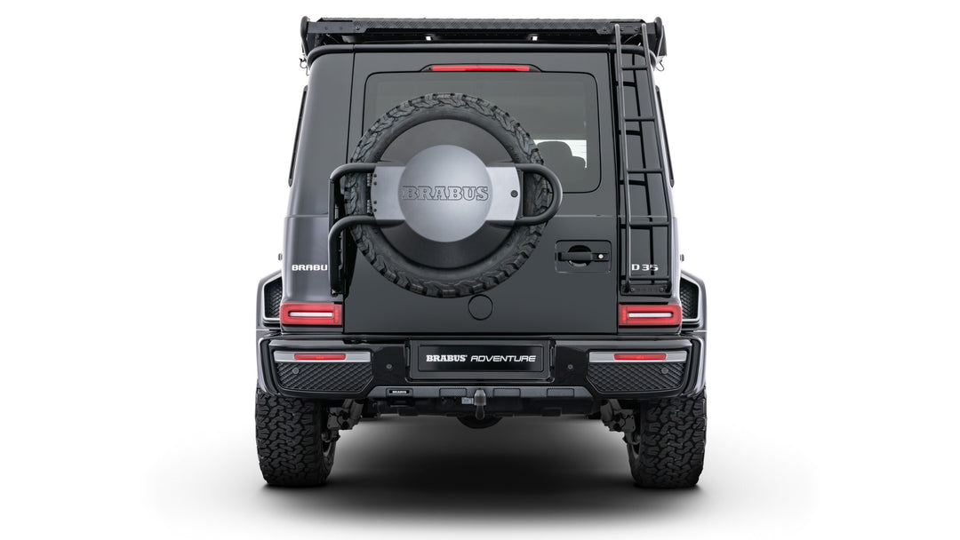 BRABUS Adventure Package for Mercedes G-Class W463A, featuring carbon fiber options, roof rack, and lift kit back view 
