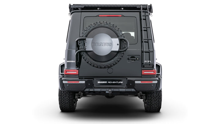 BRABUS Adventure Package for Mercedes G-Class W463A, featuring carbon fiber options, roof rack, and lift kit back view 