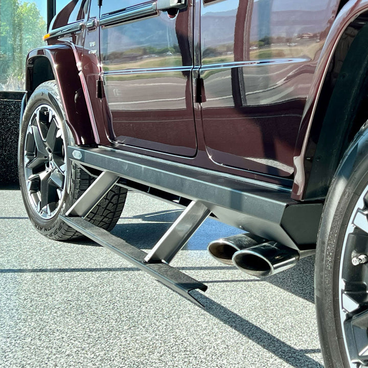 Automated step slider in action, deploying 12 inches when the door opens for effortless entry and exit.