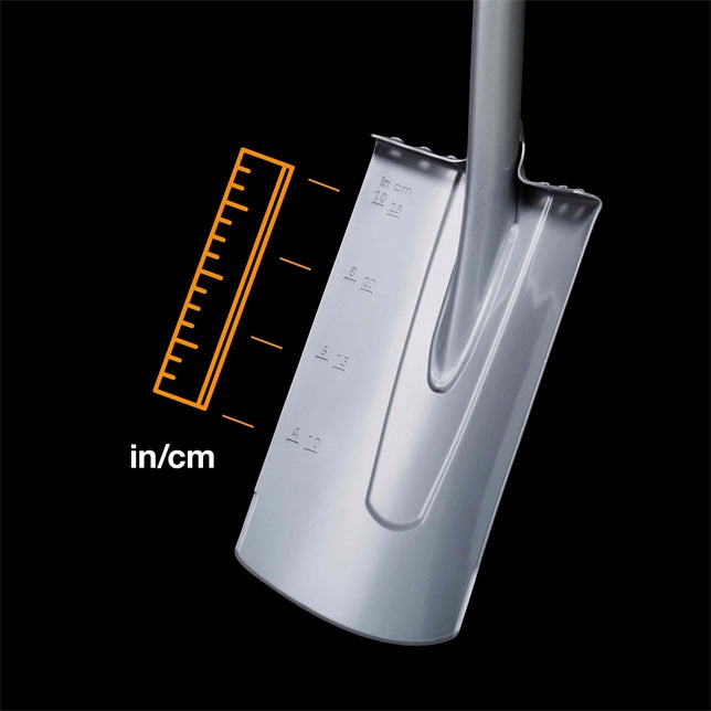 Fiskars Xact™ Telescopic Shovel showcasing its adjustable length and boron steel head.
