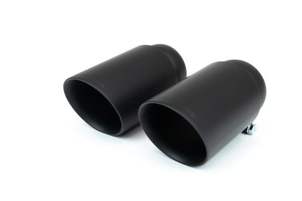 Close-up of Fabspeed's satin black exhaust tips for Mercedes G-Wagen G63 AMG, featuring CNC mandrel-bent T304L stainless steel construction