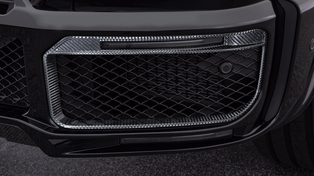 BRABUS Carbon Fiber Front Bumper Inserts with LED Daytime Running Lights for Mercedes-Benz G-Class Widestar Kit close up shot