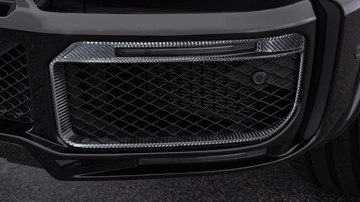BRABUS Carbon Fiber Front Bumper Inserts with LED Daytime Running Lights for Mercedes-Benz G-Class Widestar Kit close up shot
