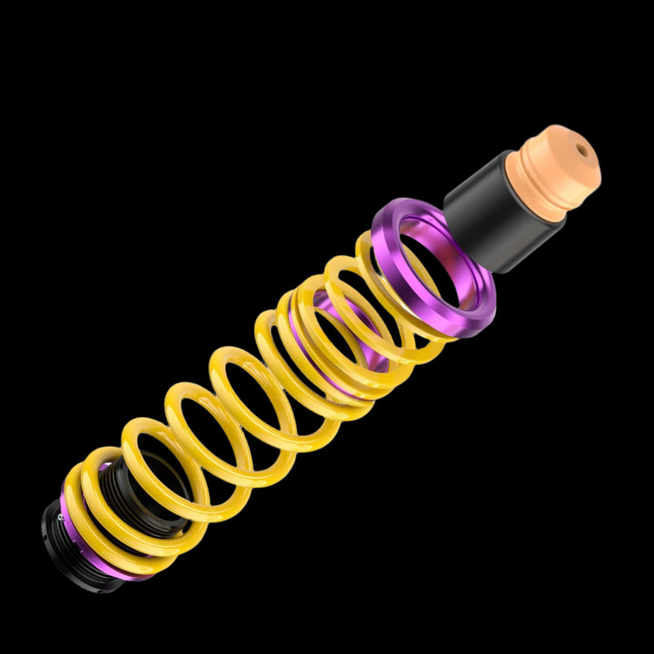 Side view of adjustable spring perch with threading for height customization.