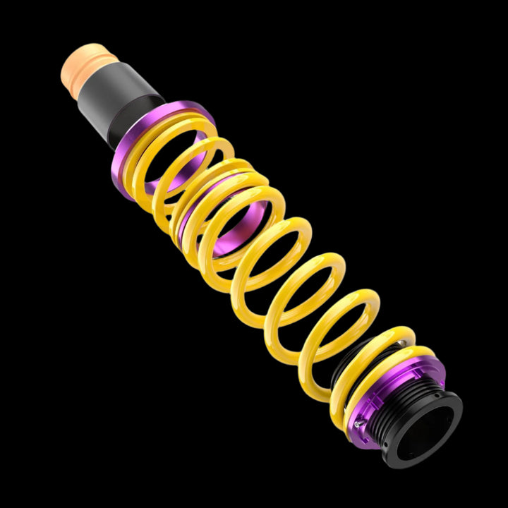 Close-up of chrome-silicon steel spring with threading for height tuning.