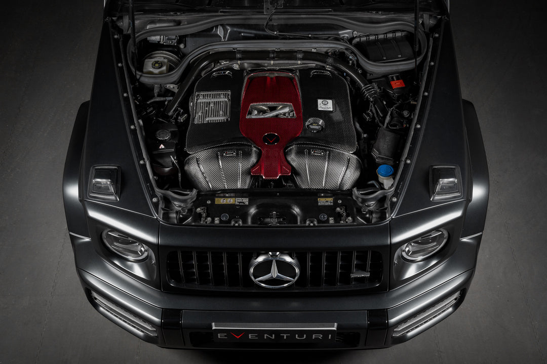 The Eventuri Carbon Fiber Intake System delivers dyno-proven performance gains and an exhilarating driving experience for your Mercedes-Benz G63 AMG installed shot from the top