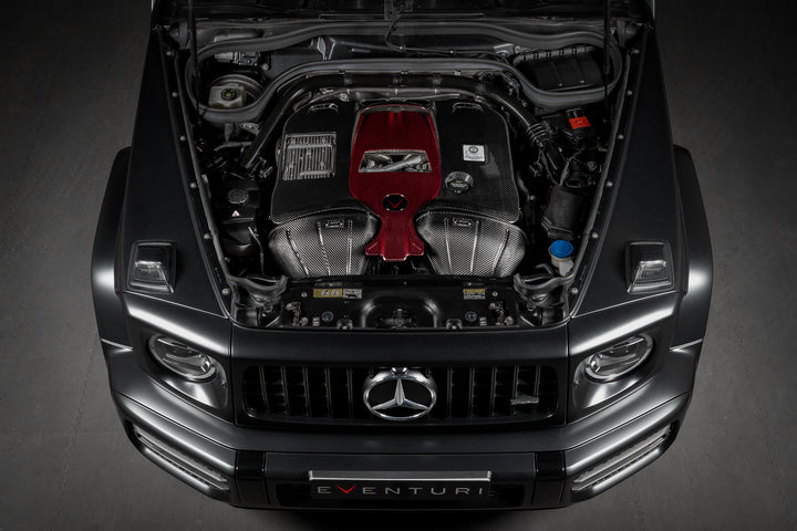 The Eventuri Carbon Fiber Intake System delivers dyno-proven performance gains and an exhilarating driving experience for your Mercedes-Benz G63 AMG installed shot from the top