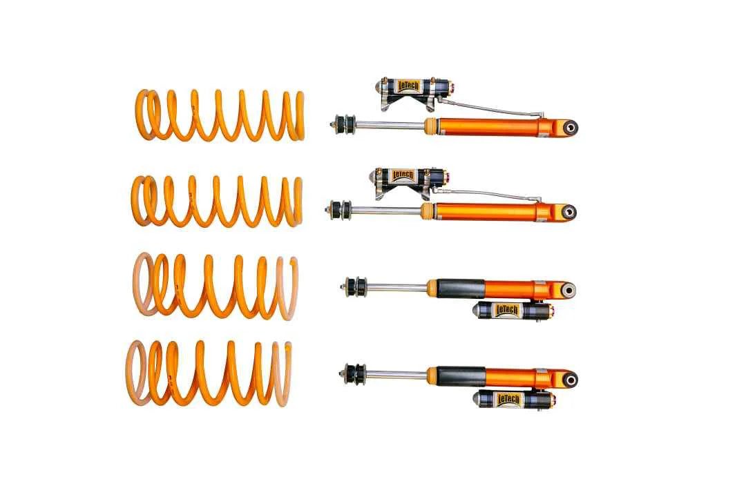 Close-up of the LETECH twin-tube shock absorbers, highlighting their adjustable damping and durable construction.