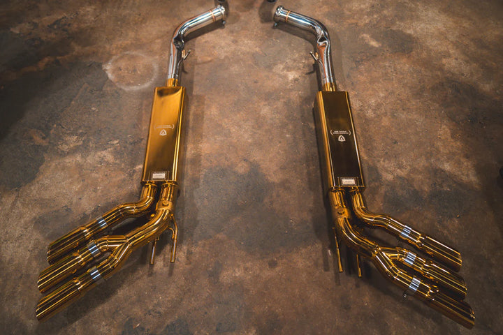 Valvetronic Valved Sport Exhaust System for Mercedes-AMG G63 W463/464 fully assembled with stainless steel piping, electronic valves, and dual slash-cut tips (gold/black options)
