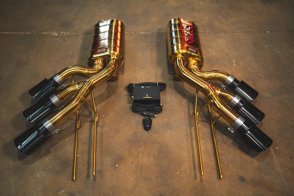 Side view of Valvetronic valved exhaust installed on Mercedes-AMG G63 W463, showcasing OEM-fit alignment