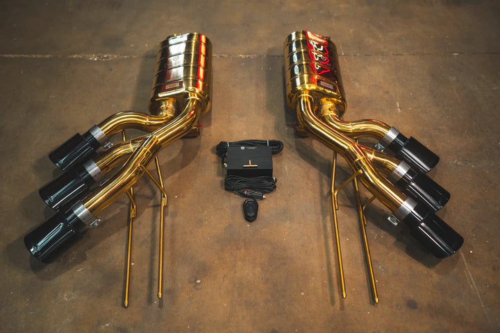 Side view of Valvetronic valved exhaust installed on Mercedes-AMG G63 W463, showcasing OEM-fit alignment
