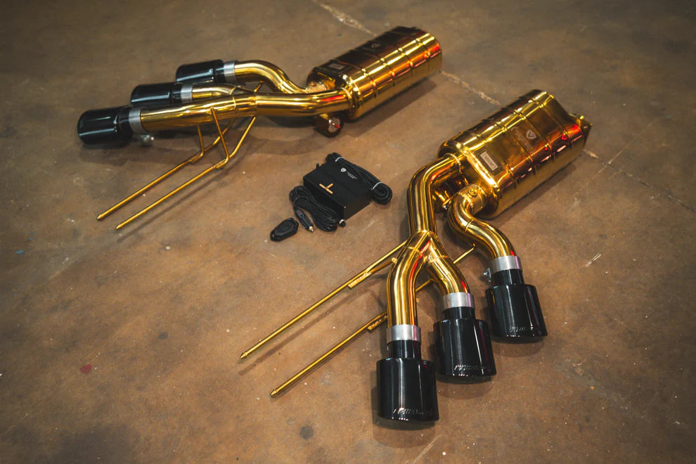 Side view of Valvetronic valved exhaust installed on Mercedes-AMG G63 W463, showcasing OEM-fit alignment