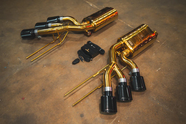 Side view of Valvetronic valved exhaust installed on Mercedes-AMG G63 W463, showcasing OEM-fit alignment