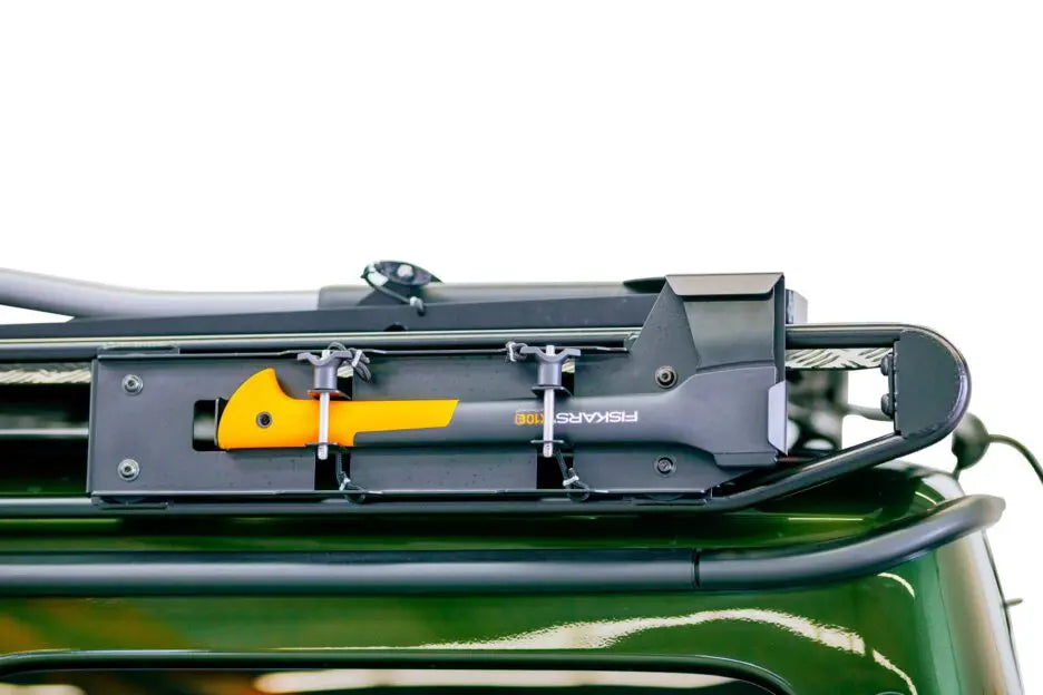 LETECH Axe Holder installed on a G-Class roof rack, showcasing its secure and stylish design
