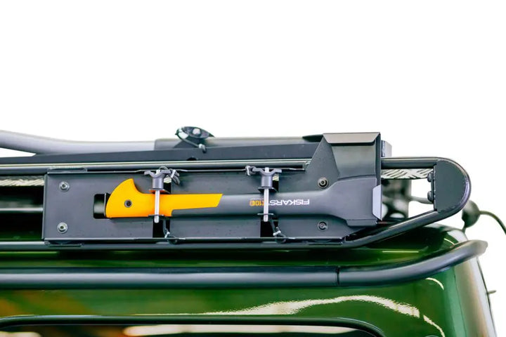 LETECH Axe Holder installed on a G-Class roof rack, showcasing its secure and stylish design