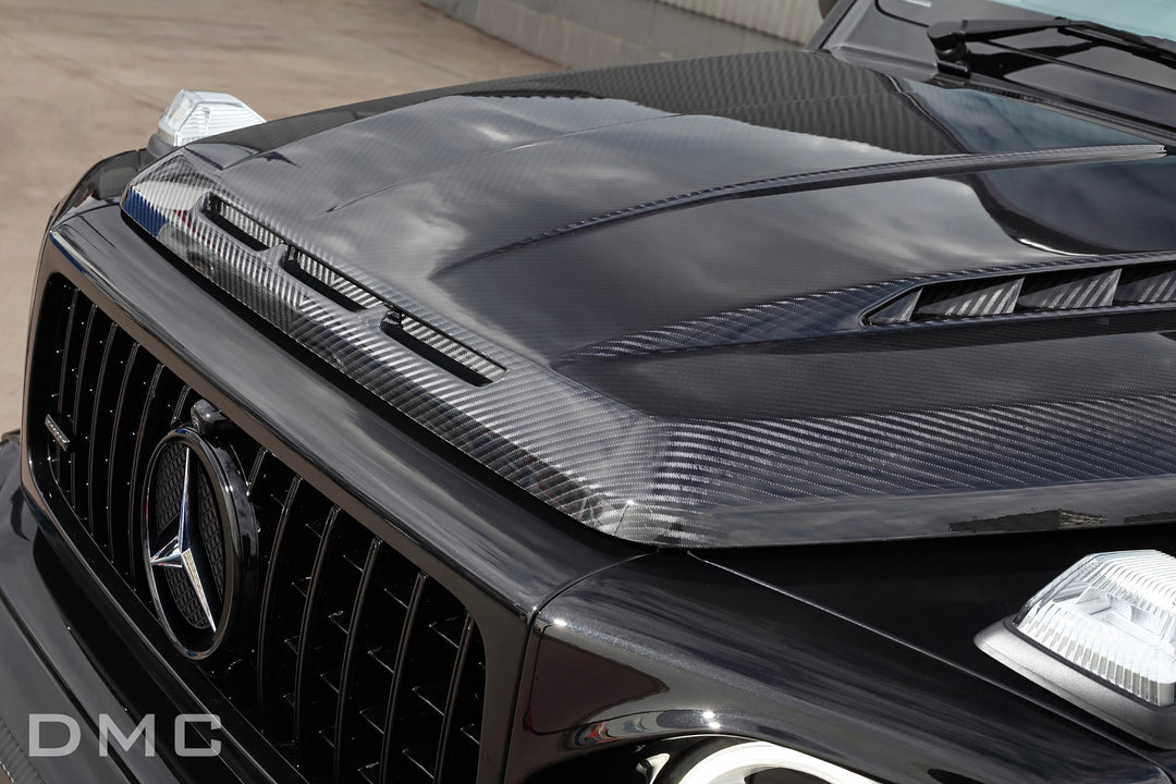 Premium forged carbon fiber weave on DMC hood for Mercedes AMG G63 – handcrafted finish