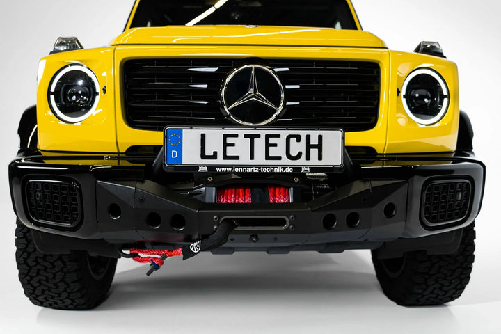 Premium LETECH winch mount with professional frame attachment, emphasizing TÜV certification and pedestrian safety