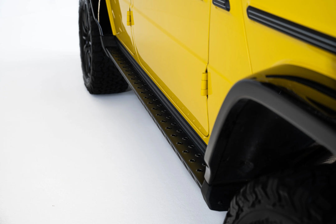 LETECH Off-Road Running Boards installed on a Mercedes-Benz G-Class, showcasing their rugged design and enhanced functionality.