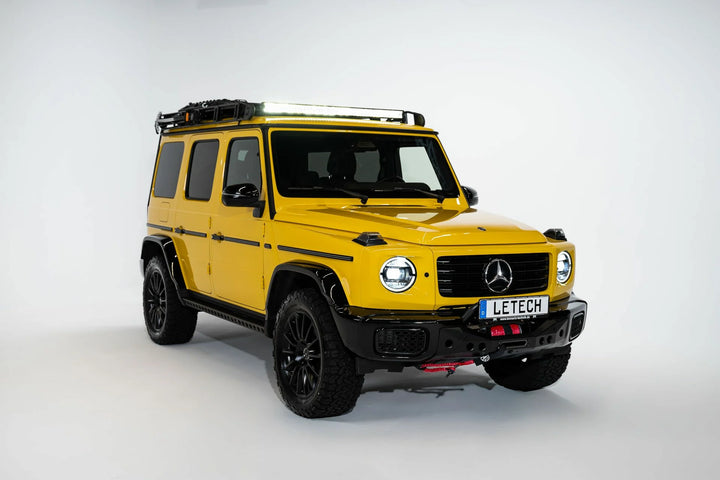 TÜV-certified LETECH Winch Carrier System installed on a Mercedes G-Class 463A, showcasing seamless Warn Zeon integration.