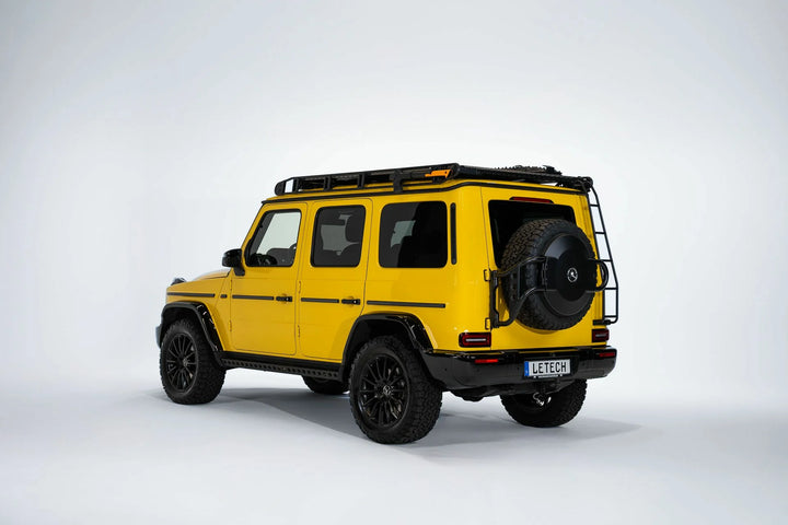 LETECH Spare Wheel Carrier installed on a G-Class, showcasing its robust design and enhanced aesthetics