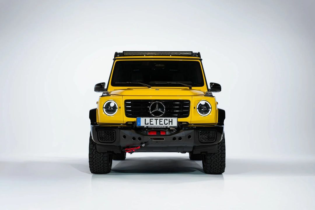 TÜV-certified LETECH Winch Carrier System installed on a Mercedes G-Class 463A, showcasing seamless Warn Zeon integration.