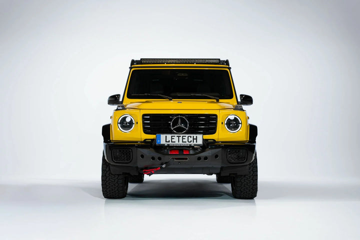 TÜV-certified LETECH Winch Carrier System installed on a Mercedes G-Class 463A, showcasing seamless Warn Zeon integration.