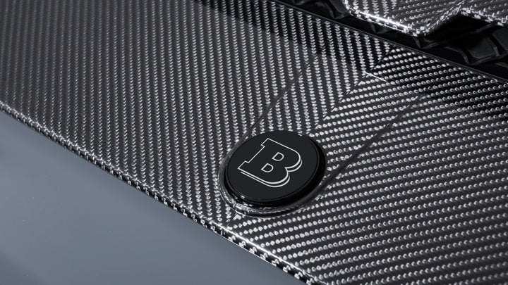 Close up shot of brabus hood "b" badge installed on G-Wagon