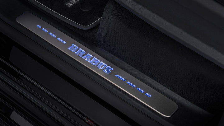 Luxury BRABUS entrance panels with RGB-LED lighting, offering personalized color options and premium stainless steel construction.