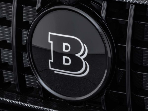 close up of Brabus double "B" front emblem installed on black grill 