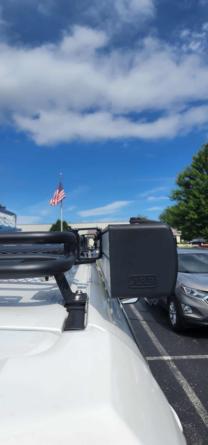 GOBI Triple Support Awning Brackets for G-Wagon Stealth Rack: 3-point stability, universal compatibility, powder-coated durability close up shot from front point of view, installed with awning