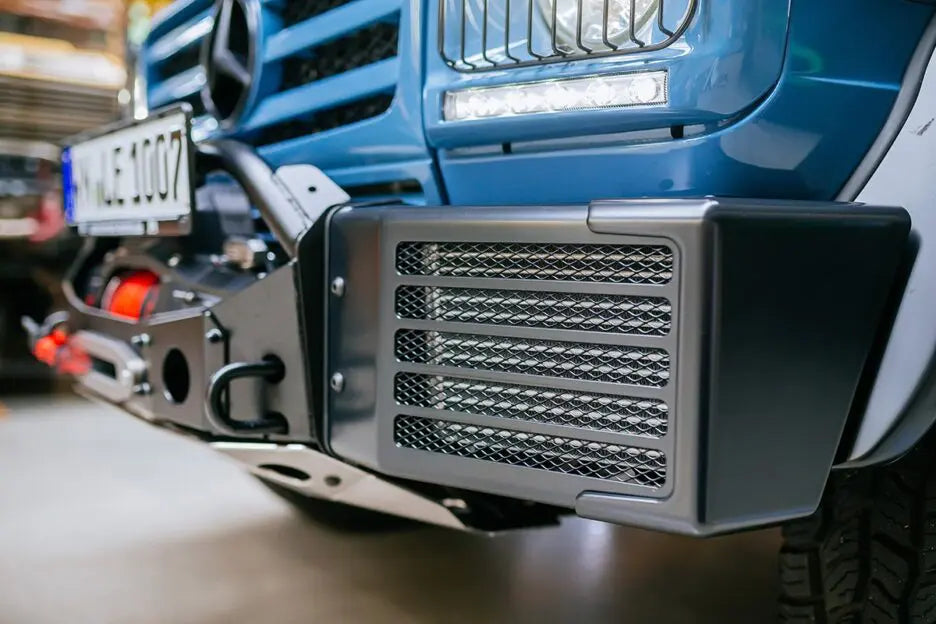 ETECH Winch Mount installed on a Mercedes-Benz G-Class W463, showcasing its rugged design and seamless integration