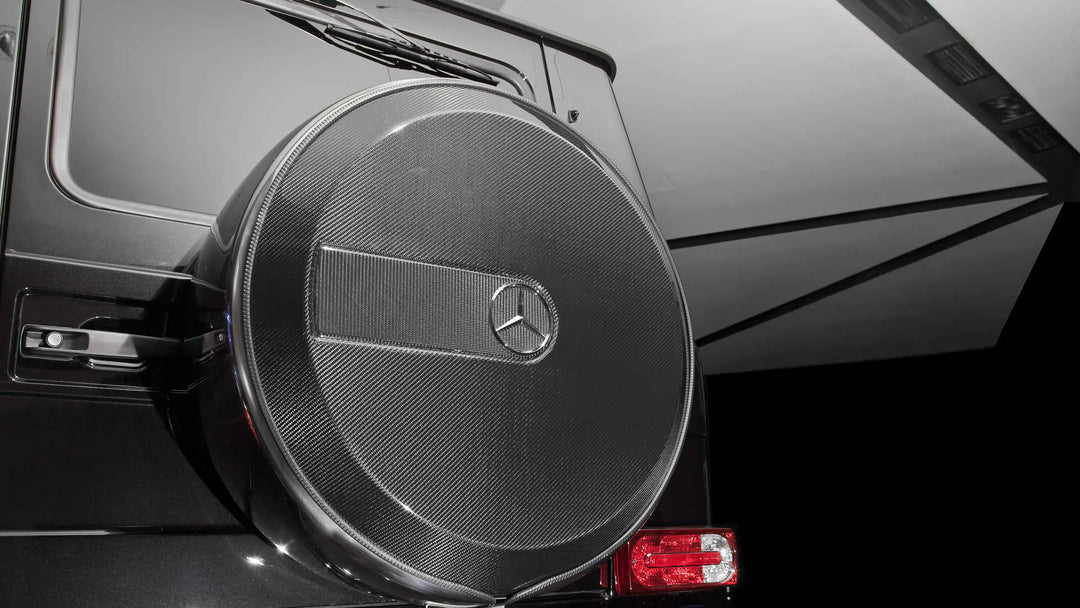 DMC carbon fiber spare wheel cover for Mercedes-Benz G-Class W463A/W464 (2015-2025) with high-gloss 3K weave finish
