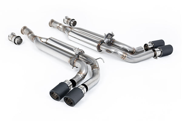 Milltek Sport stainless steel valved cat-back exhaust with Carbon JET-90 accents, designed for Mercedes-Benz G63 AMG (2018–present).
