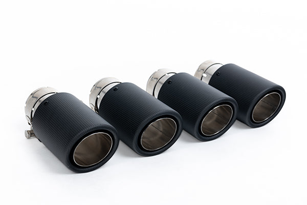Polished quad exhaust tips with Carbon JET-90 trim on Milltek's valved cat-back system for Mercedes-Benz G63 AMG (W463).
