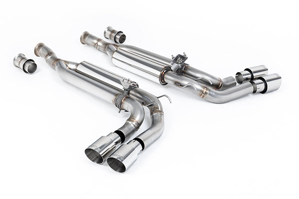 Milltek Sport valved cat-back exhaust system for Mercedes-Benz G63 AMG with polished GT-90 quad tips and stainless steel construction.