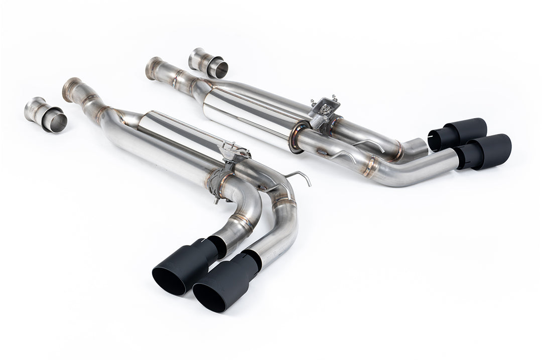 Milltek Sport Valved Cat-Back Exhaust System for Mercedes-Benz G63 AMG (W463), featuring Cerakote Black GT-90 trims and stainless steel construction."