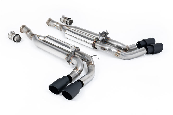 Milltek Sport Valved Cat-Back Exhaust System for Mercedes-Benz G63 AMG (W463), featuring Cerakote Black GT-90 trims and stainless steel construction."