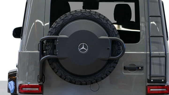 Durable LETECH Spare Wheel Carrier designed to protect your G-Class rear door and enhance its rugged style.