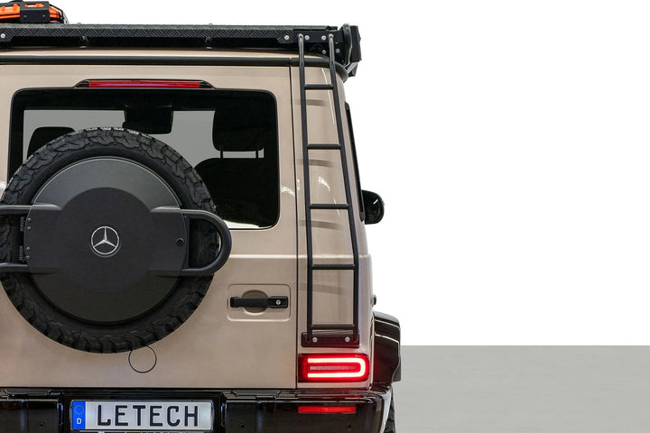 LETECH Spare Wheel Carrier installed on a G-Class, showcasing its robust design and enhanced aesthetics