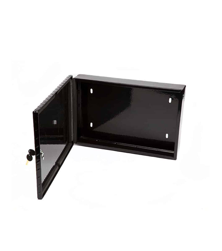 Close-up of the lockable GOBI Tool Box, highlighting durable aluminum construction and weather-resistant seal