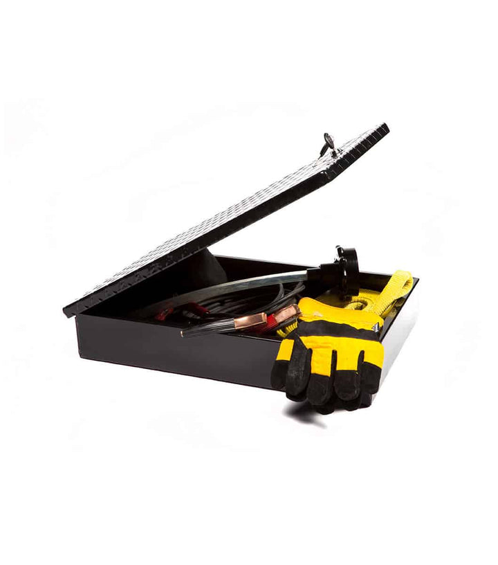GOBI Large Tool Box mounted on a GOBI Stealth Rack, showcasing seamless integration and anti-slip checker-plate lid