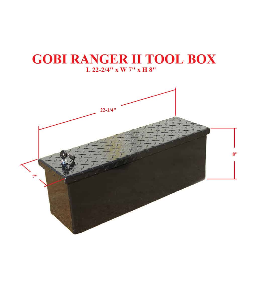 The GOBI Small Tool Box provides organized storage for tools and accessories on the Ranger Roof Rack, ideal for off-road adventures.