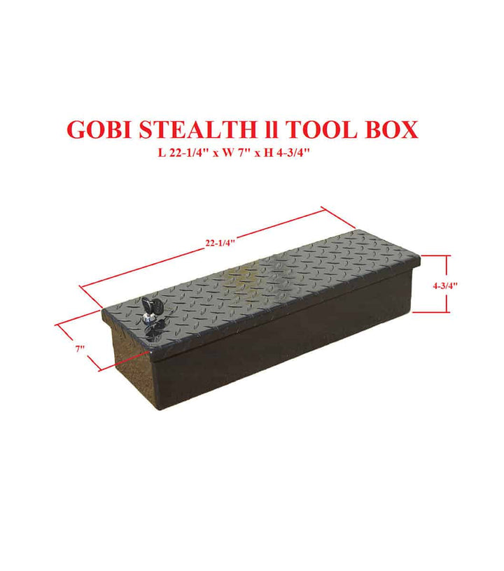 The GOBI Small Tool Box provides secure and weather-resistant storage for all your essential off-road gear, closed showing lock and dims