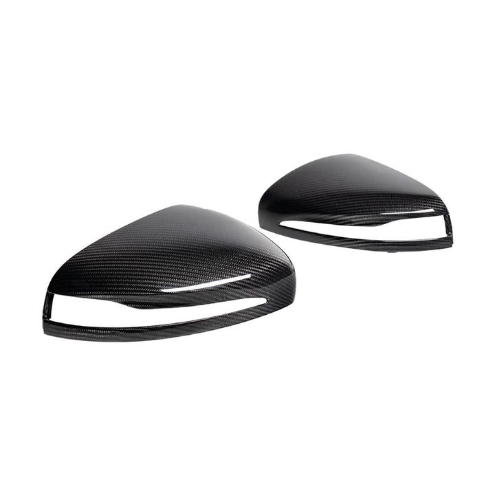 Urban Automotive carbon fiber wing mirror caps for Mercedes-AMG G-Class (W463), featuring high-gloss forged weave and direct OEM-fit installation.