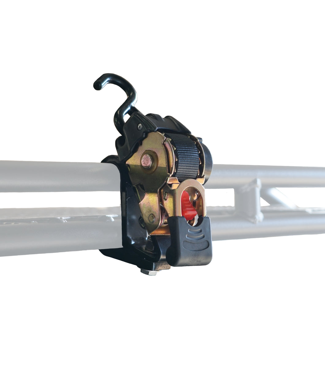 Close-up of the GOBI Tie Down System's delta hooks and ratchet straps, highlighting its robust construction and easy-to-use design